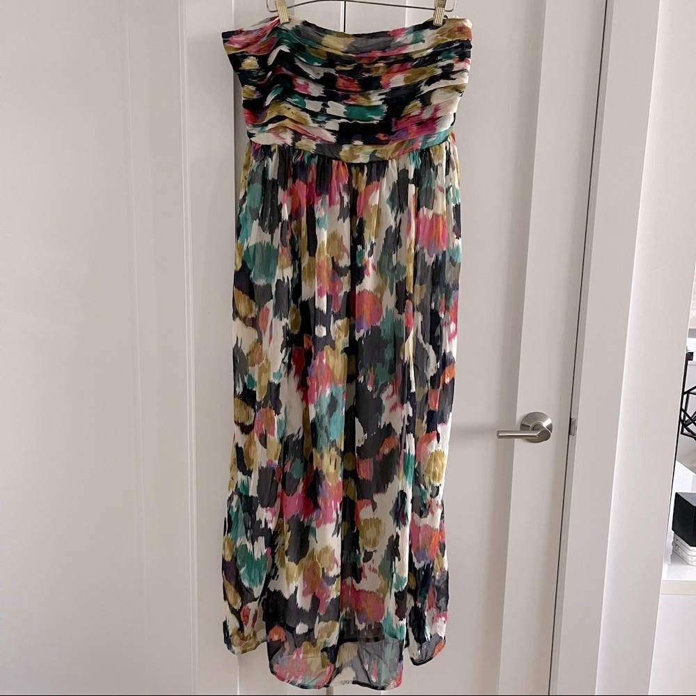 Multicolored watercolor print strapless chiffon dress